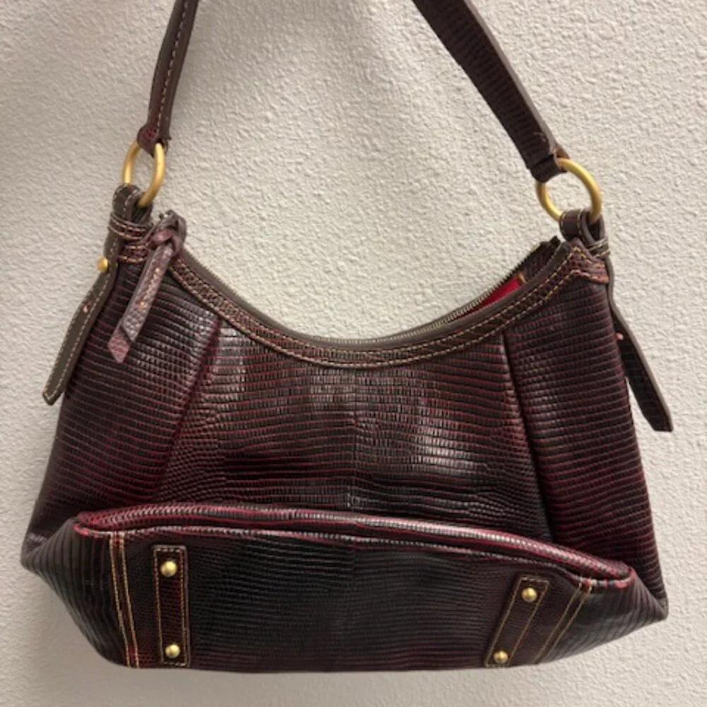 Dooney & Bourke Lizard Embossed Leather Shoulder Bag Brown Red Interior - Picture 4 of 6